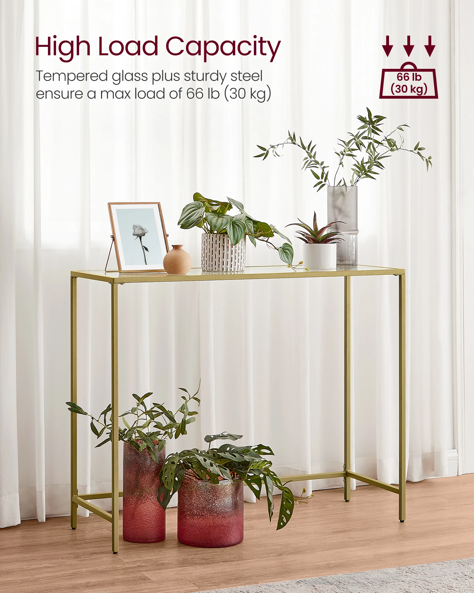 VASAGLE Easy Assembly Modern Entryway Table Gold Tempered Glass Sofa Table Slim Metal Console Table Frame