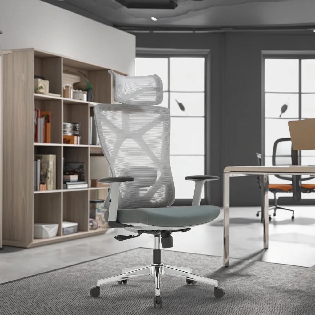 Office Chair with Dual-Layer Mesh Backrest Height Adjustable Lumbar Support PU Armrests High Back Design for Professionals 2