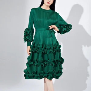 Miyake Women's Unique Design Midi Dress With Pleated Cascading Ruffle Bubble Sleeves Stylish Printed Dress