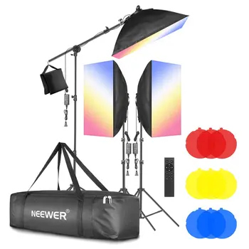 Neewer LED Softbox Lighting Kit 2.4G Remote with Color Filter: Softbox, 48W Dimmable LED Light Head, Light Stand, Arm, Bag