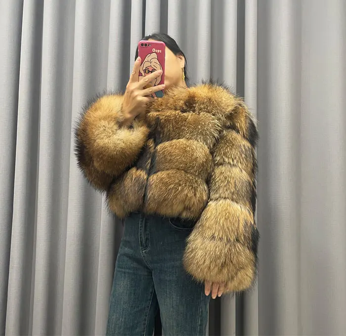 Winter Women's Warm Real Fur Coat Short Casual Long Sleeve Natural Color Raccoon Fur Coat_voghion.com