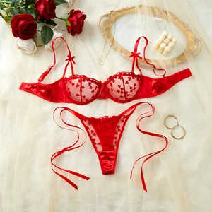 2026 European-American Style Valentine's Day Romantic Heart Embroidered Sexy Lingerie Sheer Bow Strap Bra Set