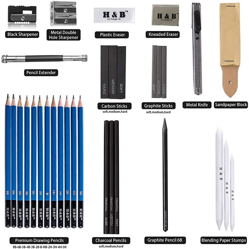 32pcs/Set Professional Drawing Sketch Pencil Kit Including Sketch Pencils  Graphite & Charcoal Pencils Sticks Erasers Sharpeners with Carrying Bag for  Art Supplies Students