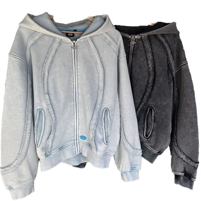 Qiao Shou Streetwear Winter French Terry Heavyweight Custom Distressed Fleece Regular Fit Embroidered Zip-Up Acid Wash Hoodie