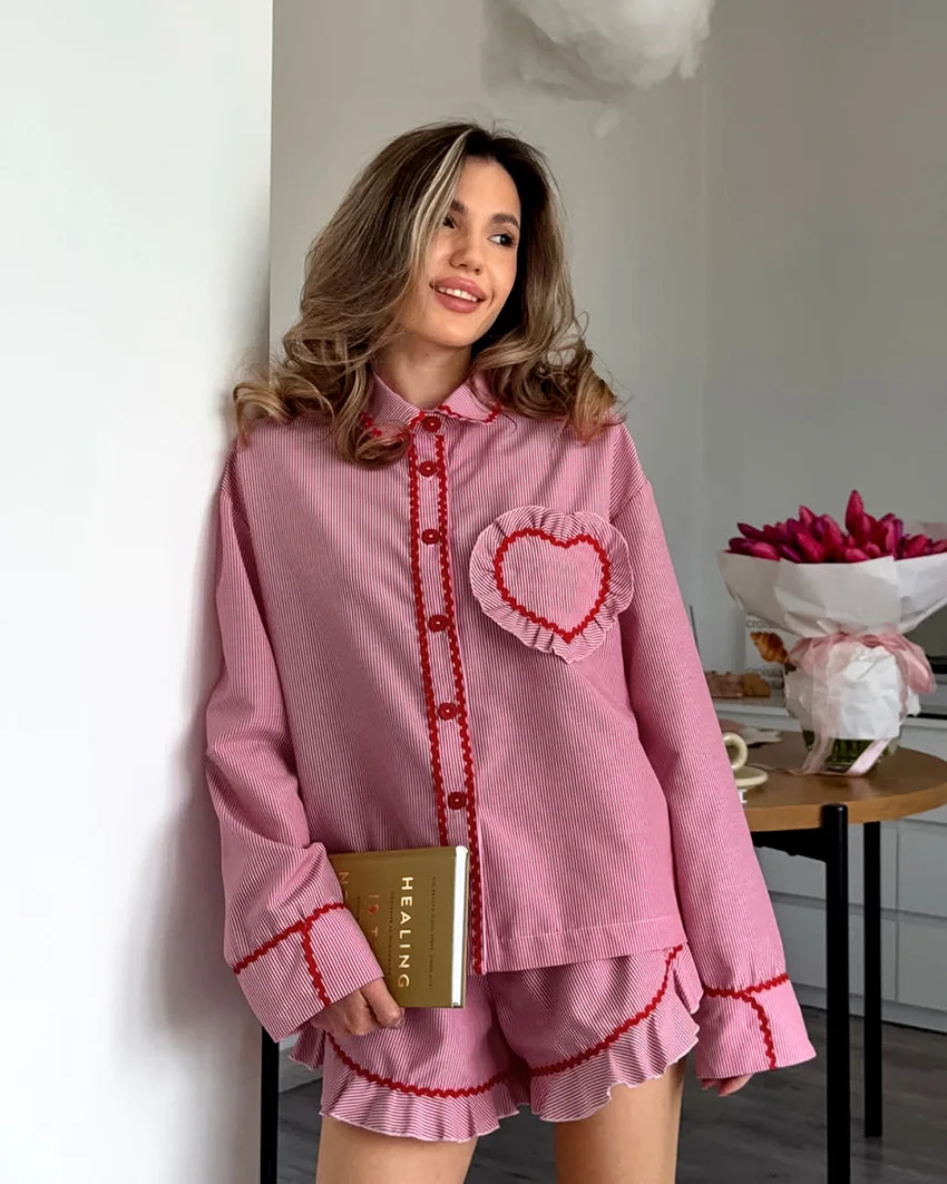 Christmas Women Pink Striped Pajama Set  Cotton Long Sleeve Ruffle Trim Button Front Two Piece Homewear — detail