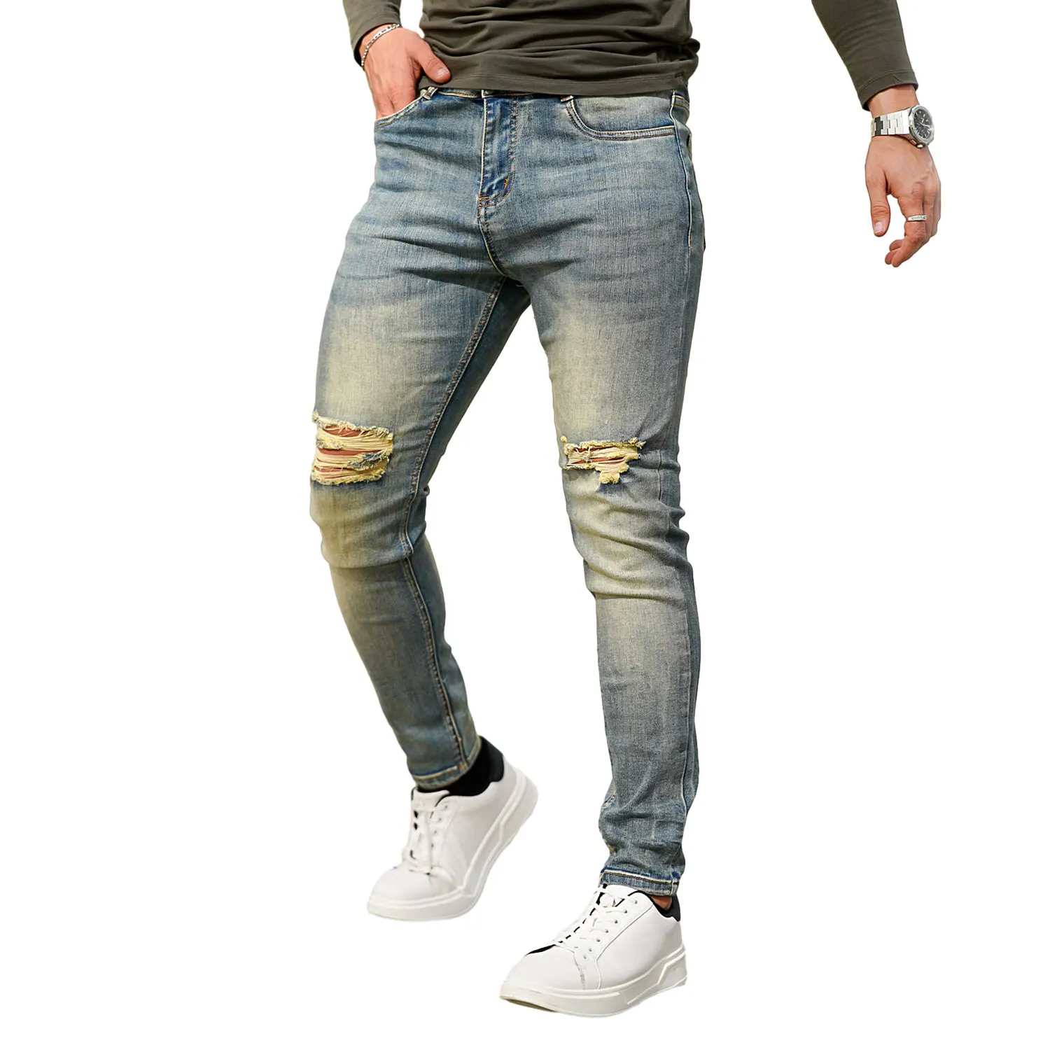 Gingtto Men Jeans Pants Classic Denim Blue Knee Worn Straight Jeans Skinny  Jeans Men