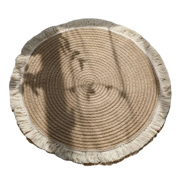 Cotton And Linen Woven Tassel Floor Mat Rope Woven French Window Carpet Study Teahouse Round Tea Table Mat