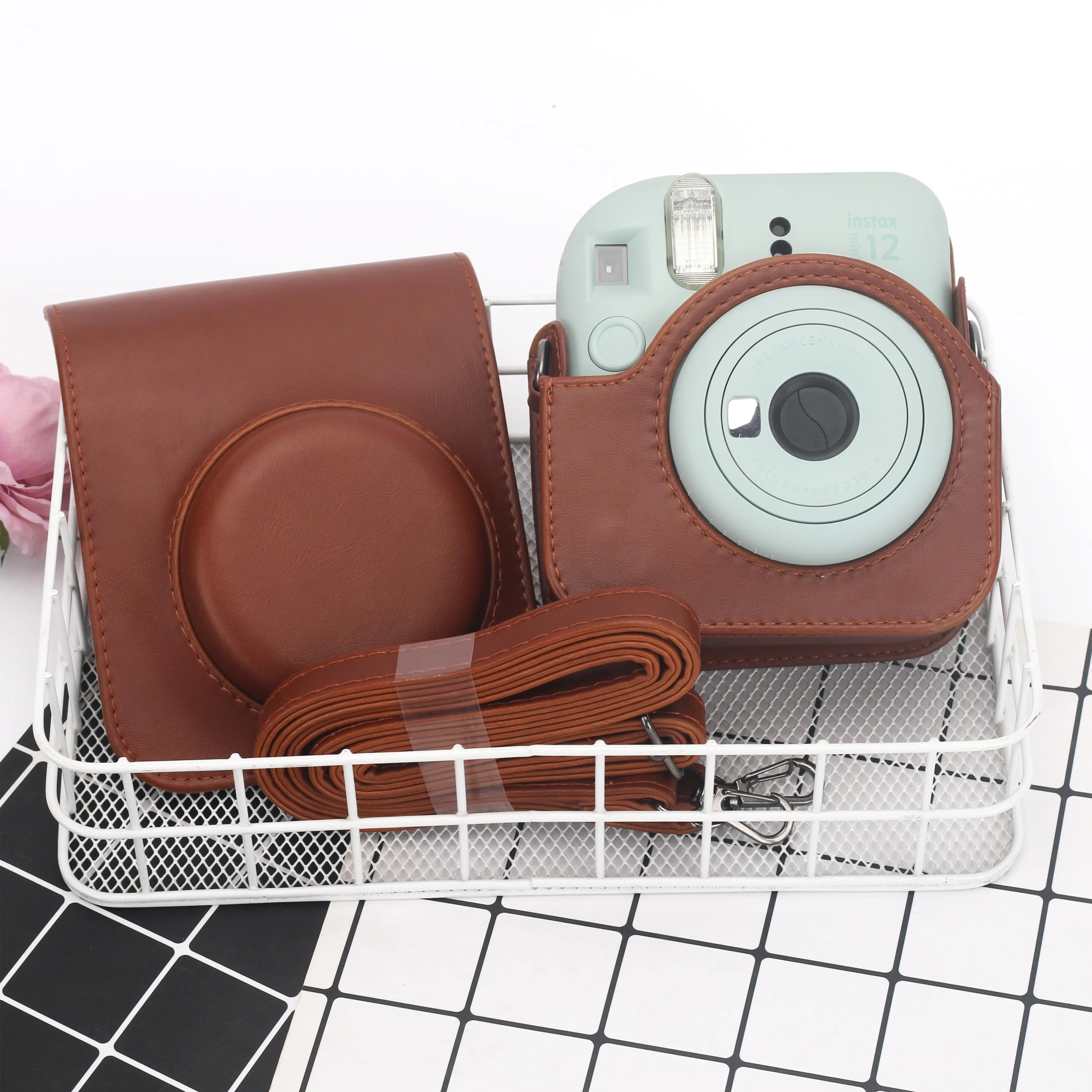 Fuji Instax Mini 12 Camera PU case Magnetic Design Leather Bag with Pocket and Adjustable Shoulder Strap