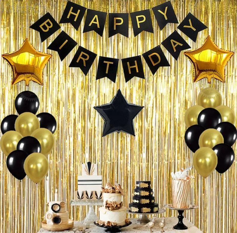 Banner Black, Gold Solid Happy Birthday With Balloons And Curtain Fringe  For Birthday Party Decoration (Set Of 33)