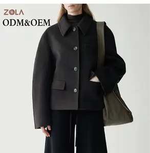 Women's Casual Winter Coat Single Breasted Warm Short Woolen Outerwear with Breathable Pocket Plain Dyed Button Decoration