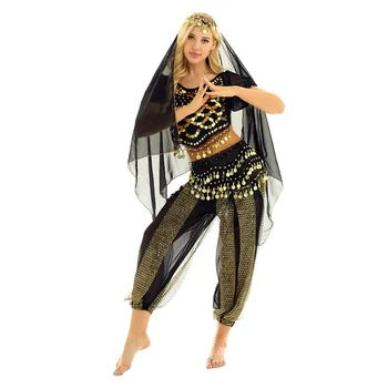 4pcs/set Women Indian Belly Dance Costumes India Short Lanterns Sleeves Coins Top With Harem Pants Hip Scarf And Head Scarf