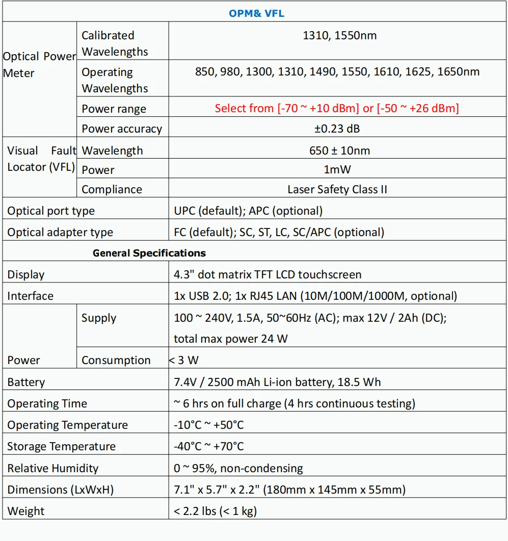 China Make 4.3 Inch Touchscreen AE1001 SM OTDR OPM VFL 1310/1550nm 26/24dB Deviser Portable FTTx OTDR Reflectometer Tester