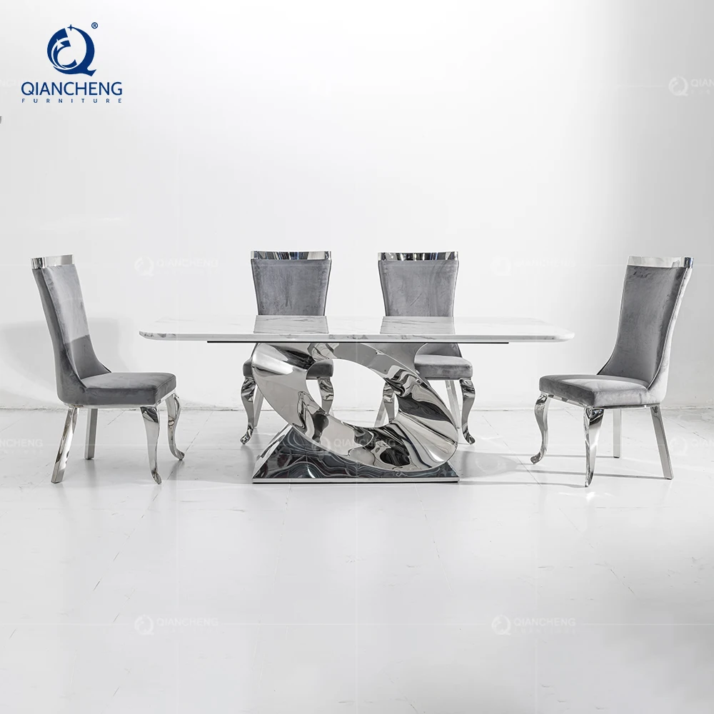 Luxurious Kitchen Diining Room Suite Tablel 4 Seater Set Base Metal Chrome Rectangle Marble White High Gloss Mirror Dining Table