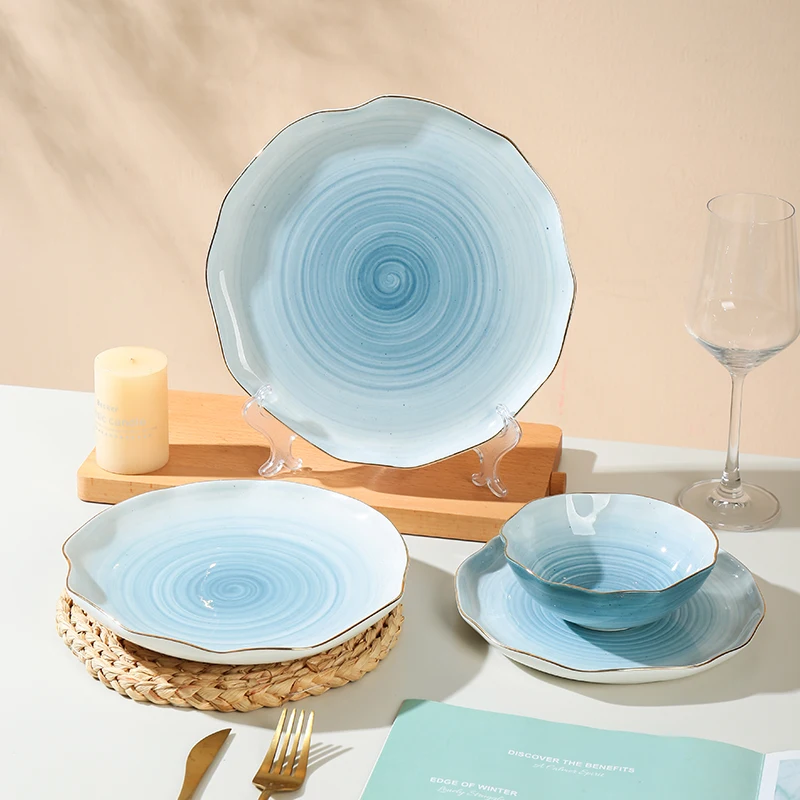 Wholesale Table Wavy Rim Sesame Glaze Orange Color Gold Rim Personalized Salad Cereal Ceramic Decorative Bowl and Plate supplier