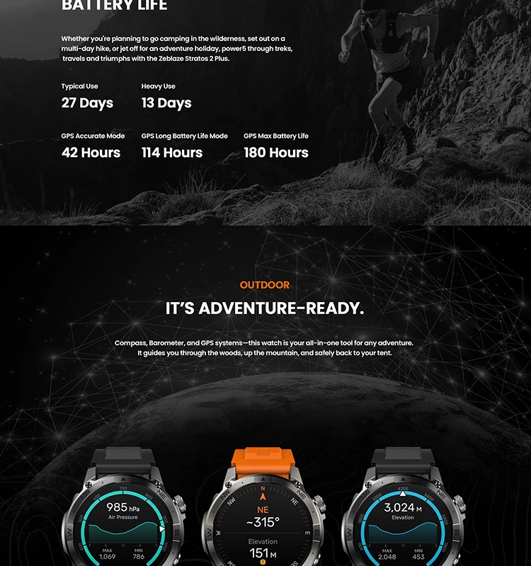 Zeblaze Stratos 2 Plus GPS Smart Watch 1.43'' AMOLED Display Compass Barometric Altimeter Bluetooth Phone Calls Smartwatch