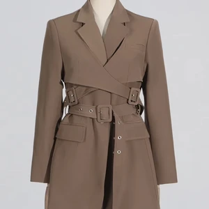Khaki Double Belted Casual Blazer with Stylish Buckles Chic Khaki Blazer with Cross - Belt Design for Women
