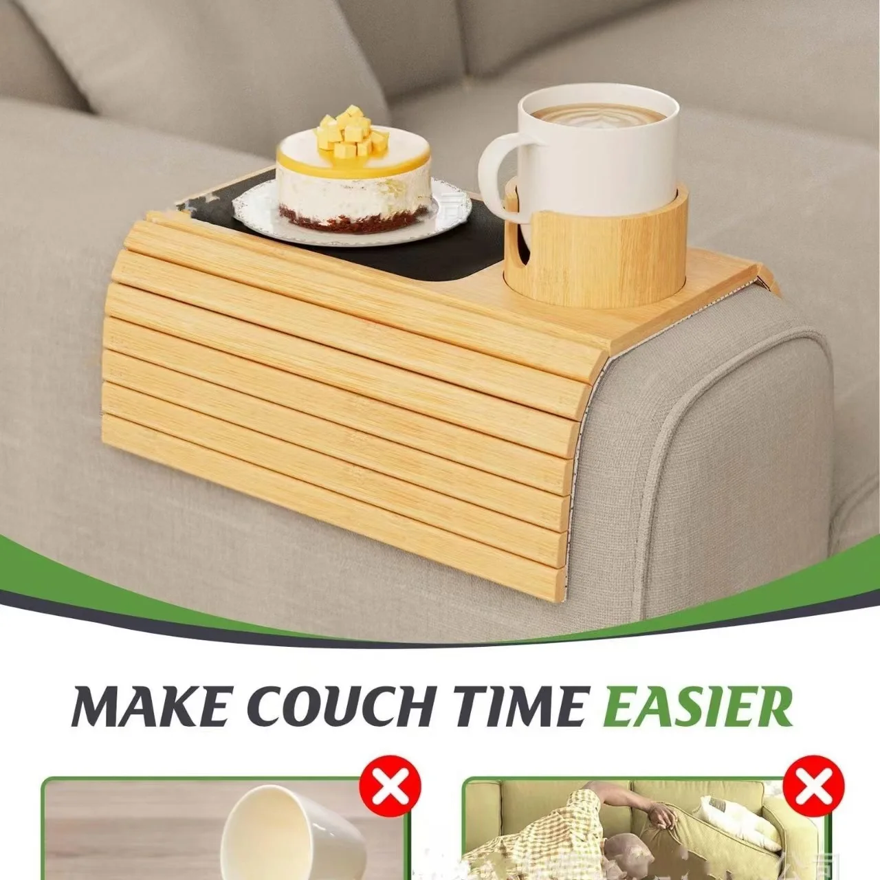 Wooden Sofa Armrest Table Tray Foldable Bamboo Sofa Snack Coffee Table Solid Wood Storage Tray
