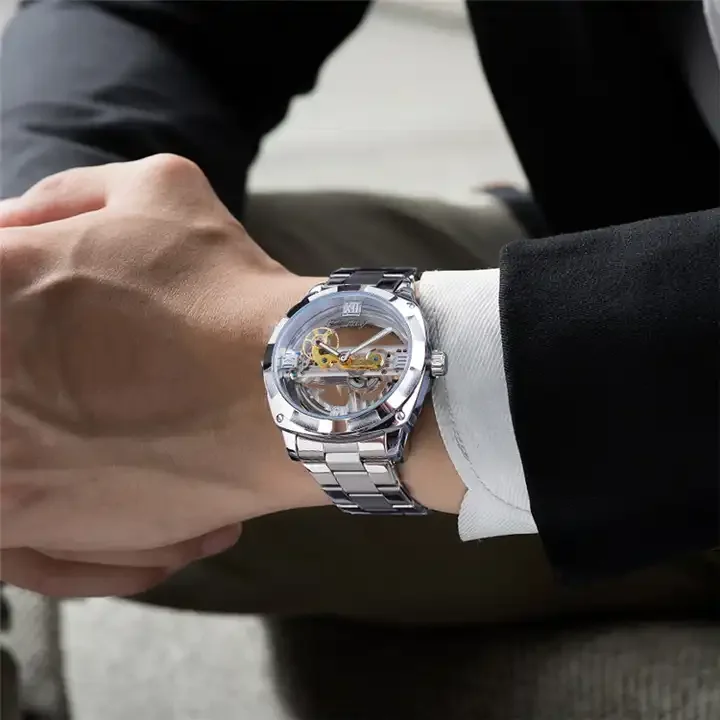Winner GMT1165 Mechanical Skeleton Automatic Watch Men Transparent Design Stainless Steel Strap Wristwatches for Men Relojes
