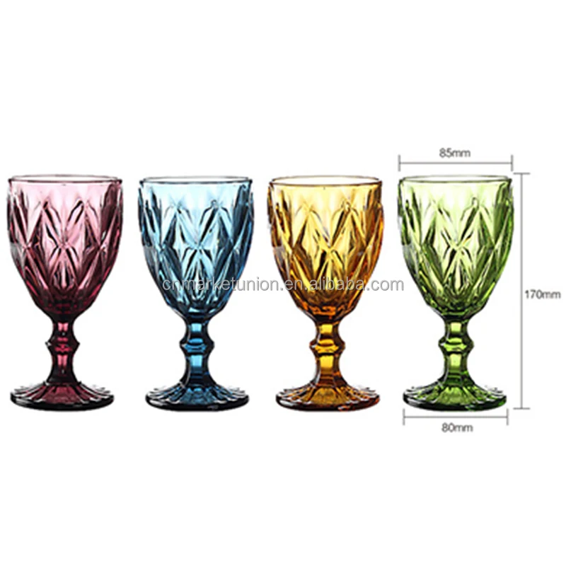 FUYIO Wine Glass Cups Retro Vintage Relief Red Wine Cup 300ml Engraving Embossment Juice Drinking Glasses Champagne Assorted Goblets,Diamond Blue,240ml 