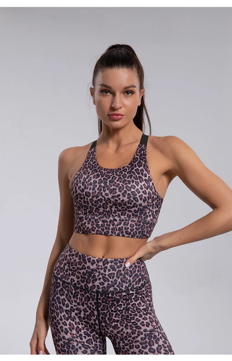 2022 New Wholesale Seamless Leopard Print Yoga Wear Women Sling Sports Bra Yoga Pants 2 Piece 