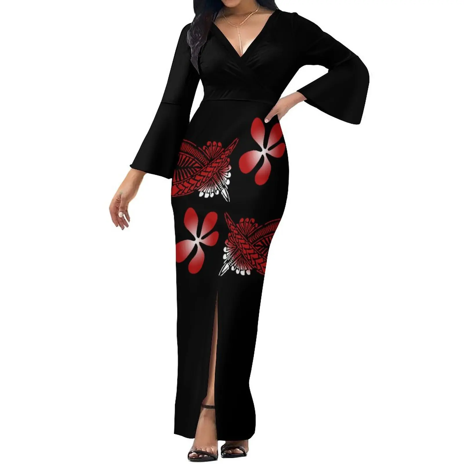 New Design Tapa Polynesian Tribal Printed V Neck 3/4 Flare Sleeve Slit Hawaiian  Dress Women Elegant Plus Size Womens Dresses| Alibaba.com