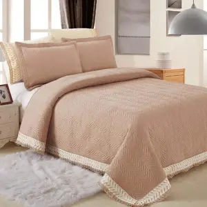 KOSMOS 3pcs Bedding Set Polycotton Embroidery Quilted Bedspread Available Double Single Sizes Plain Embroidered Patterns Home