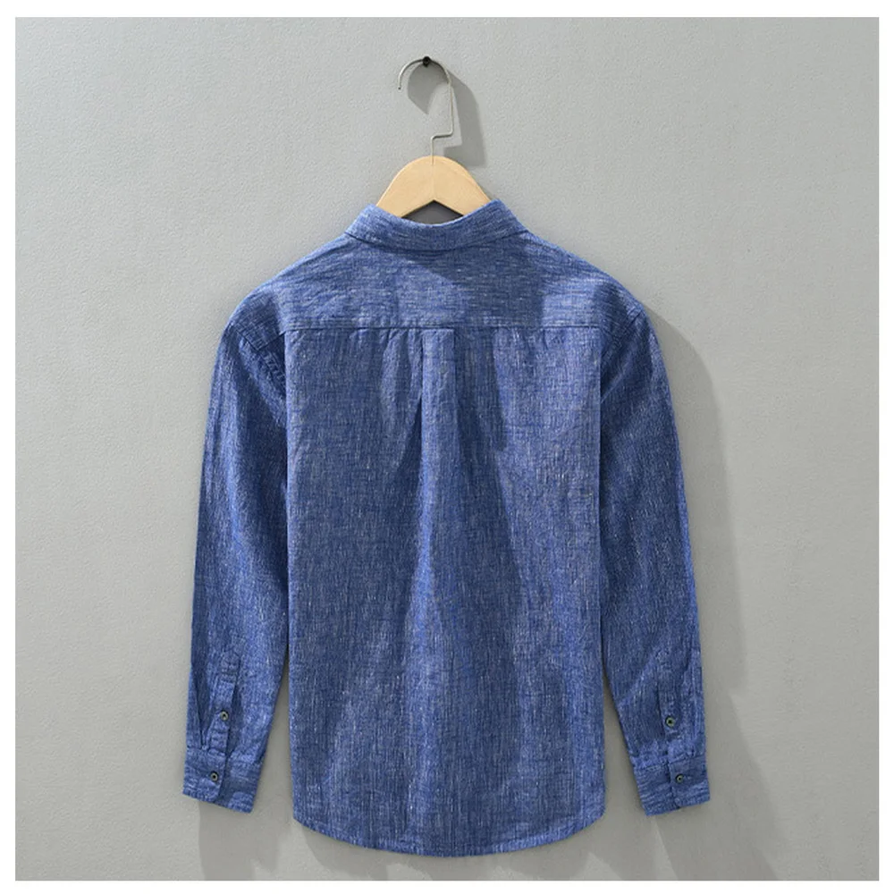 2025 New Design High Quality Casual Buttons Pure Linen Long Sleeve Shirts For Men Patchwork Linen Shirt_voghion.com