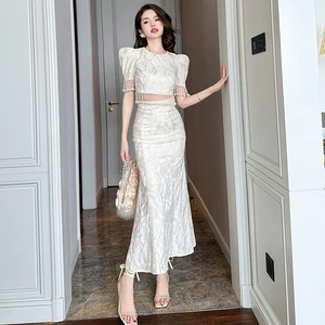 ZYHT 10521 Fashion Summer Sets for Ladies Satin Short Sleeve Tassel Crop Top Fishtail Long Skirt Two Pieces Set Women Clothing