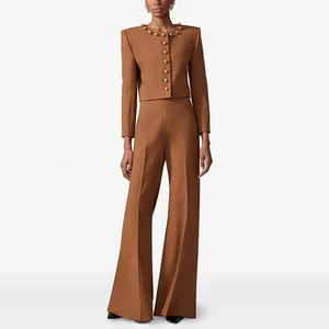 AELESEEN Designer Fashion Office Ladies Set Women Autumn Winter Temperament Slimming Button Coat + Long Pants 2 Piece Set