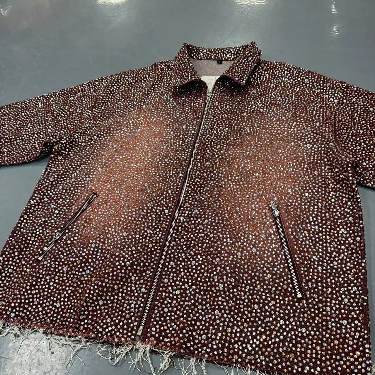 SALATI Custom Men's Acid-washed Zipper up Shirt Allover Shiny Rhinestones Streetwear Oversized Baggy Men Zip up Cotton Shirt gallery 5