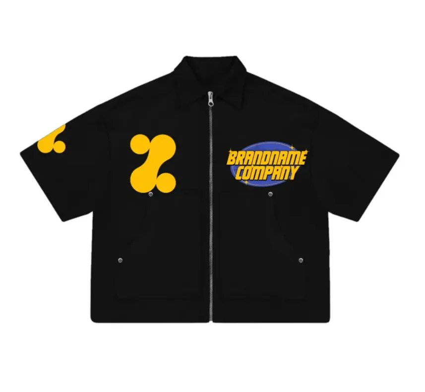 Custom Vintage Mens Crop Top Boxy Fit Zip Up Collar Shirt Oversized Sweat Zip Up Work Short