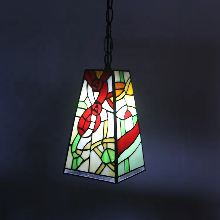 LongHuiJing 6 Inch Tiffany Style Mini Pendant Light Vintage Creativity Rectangle Stained Glass Rose Shade E27 Chandelier Hanging