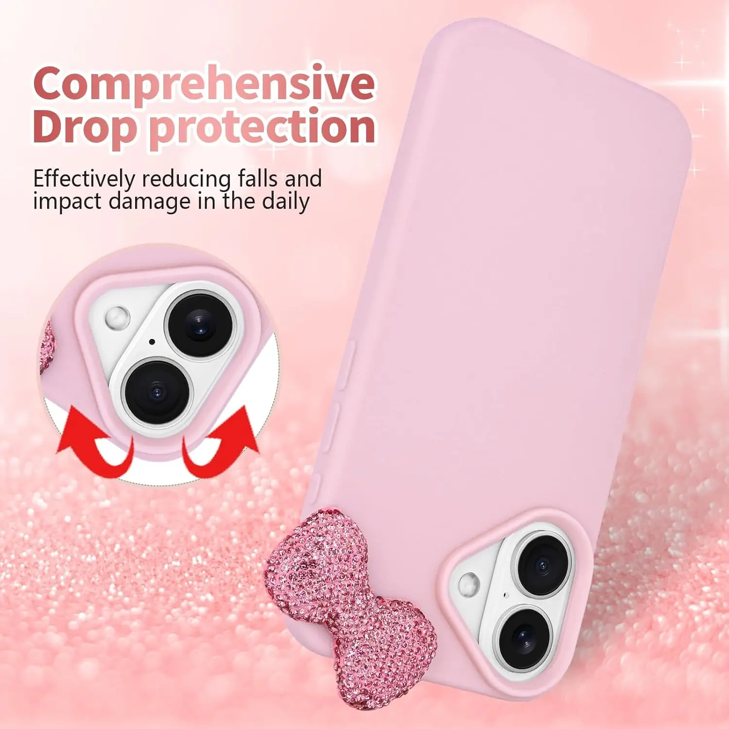 Cases for iPhone 16 Plus Pro Max Liquid Silicone Luxury Glitter Rhinestone Bow Phone Cover Soft Litchi Pattern Protective Case details