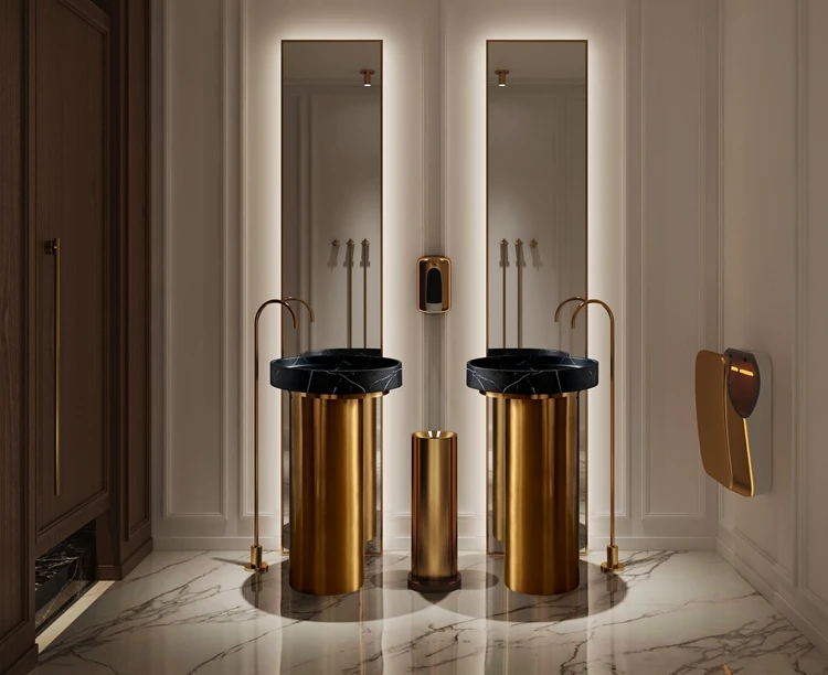 Italy Low-key Luxury Golden 304 Stainless Steel Pedestal with Black Marbke Wash Basin Bathroom Basin Sink  for Hotel Bathroom