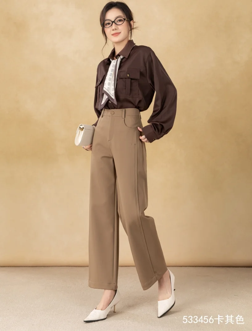 New Women's Loose Straight-Cut Wide-Leg Pants Zipper Fly Casual Anti-Wrinkle Long Clothing Trousers for Winter