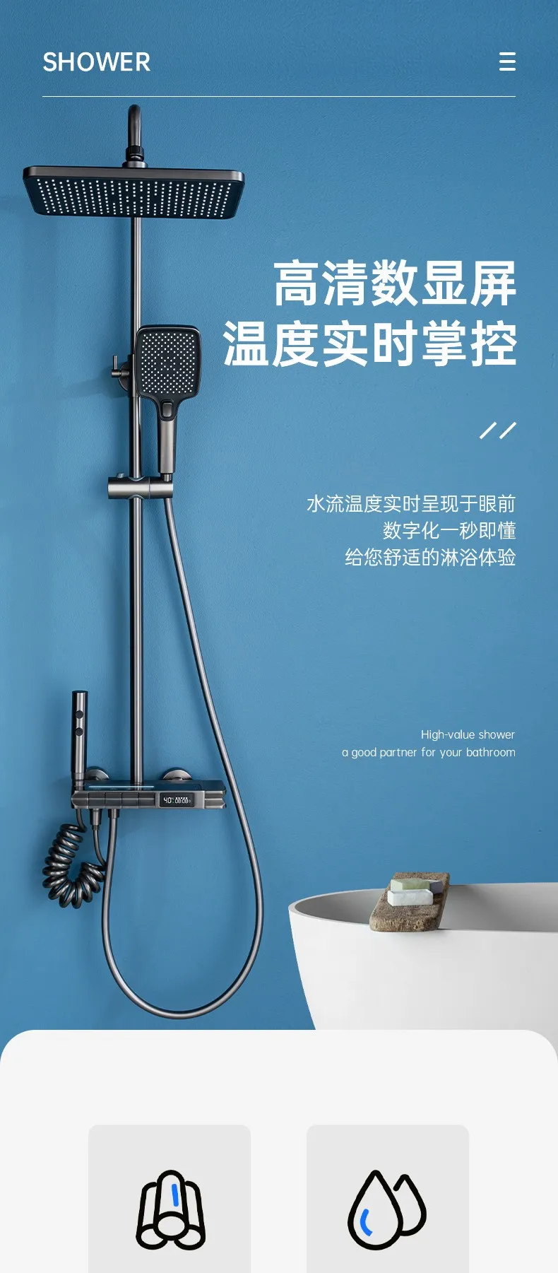 Luxury Wall Mounted Brass Shower Set Bathroom Digital Display Shower ...