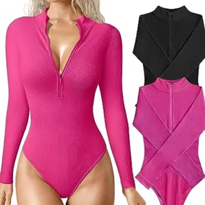 European American Cross-border for 2023 Autumn Sexy Long-sleeved Ribbed Jumpsuit with Front Zipper Slim Fit Stretch