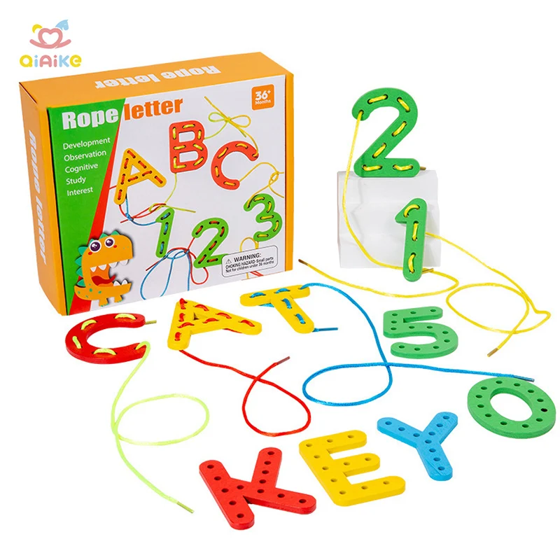 Wooden Exercise Hand Eye Kids Toys Montessori Number Letter Cognition Rope Lacing Wooden Toys Threading Educational Toy For Kids