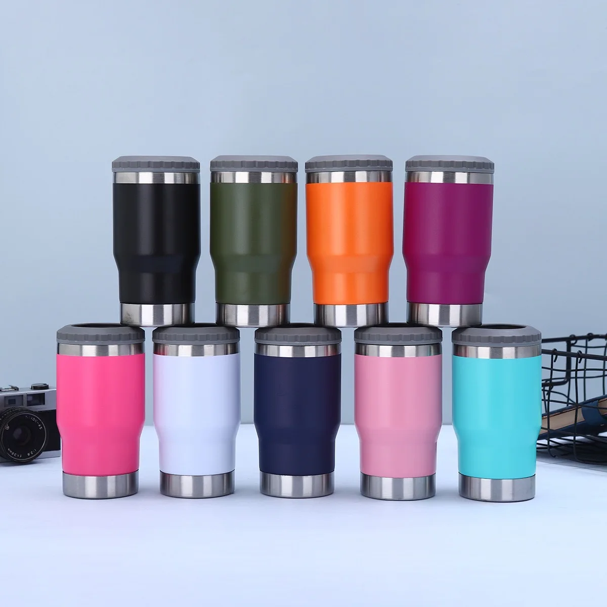 Haha Housewares 4-Piece 14oz Stainless Steel Insulated Slim Can Cooler 2 Lids Eco-Friendly Modern Design for Camping Holds 12oz with Custom Logo