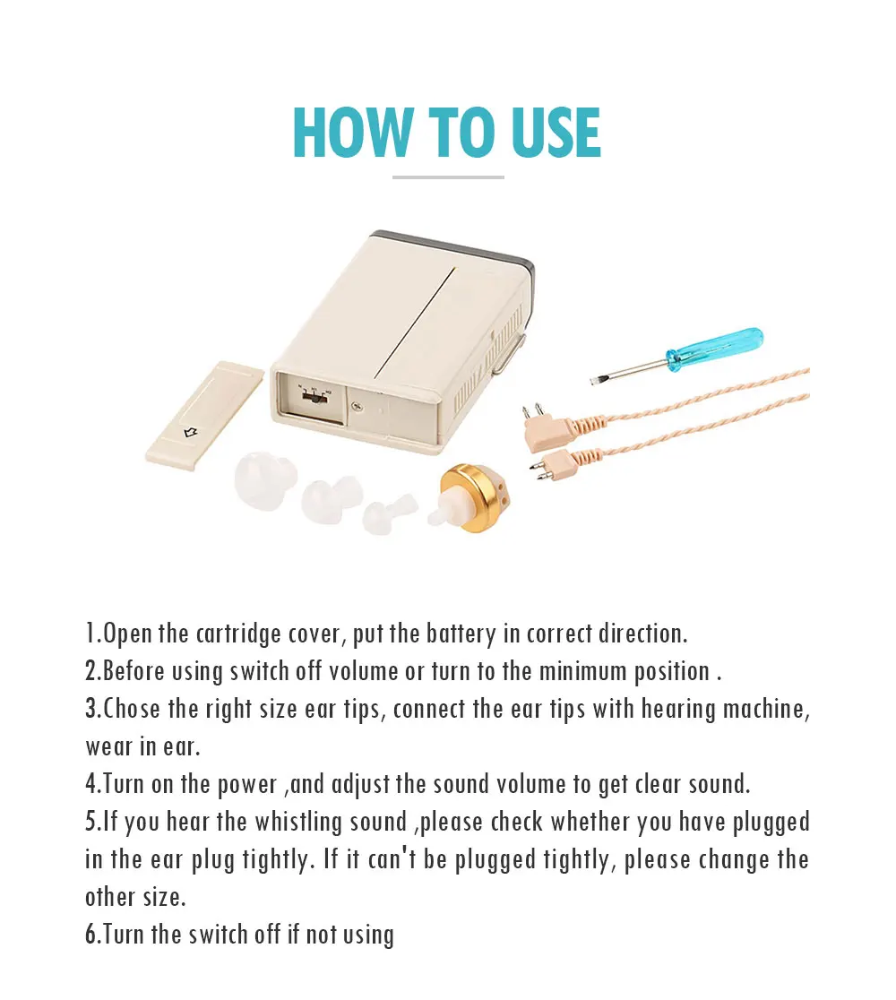 High power hearing amplifier with AA battery details