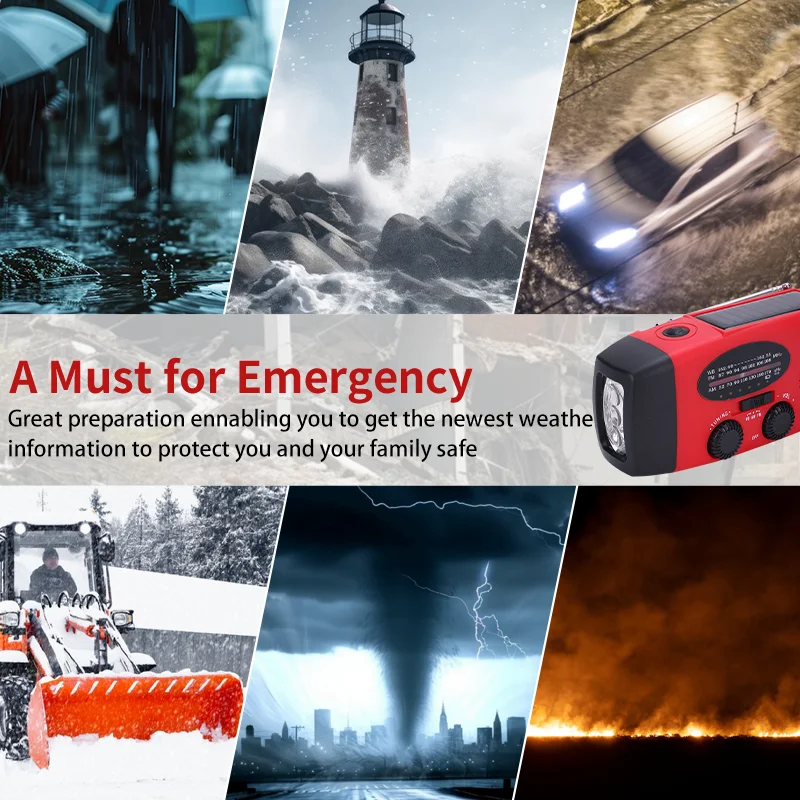 Solar Hand Crank & USB Powered AM/FM NOAA Weather Radio with LED Flashlight Emergency Power Bank (>5000mAh) ABS Material