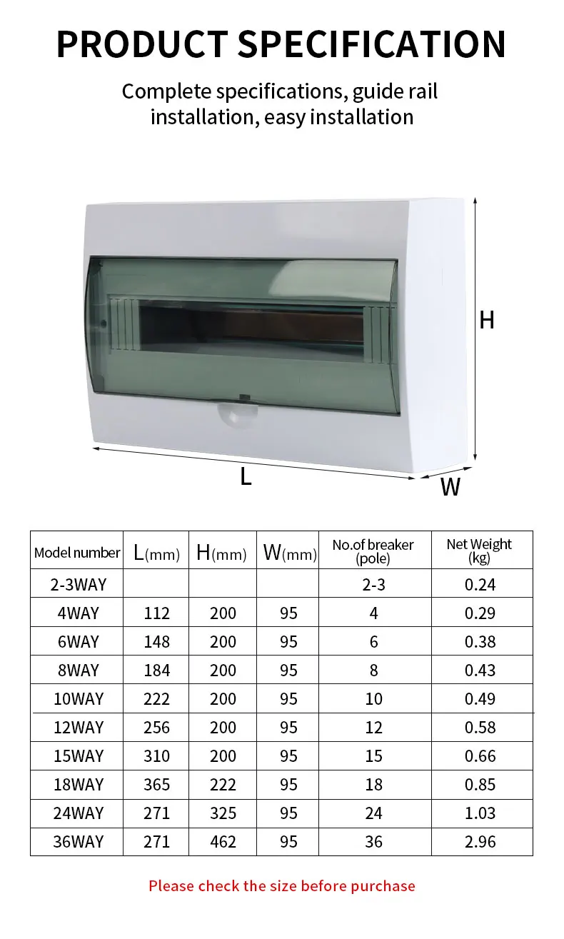 WSMS 2/3/4/6/8/10/12/15/18/24/36 Way Main Switch Plastic  Power Circuit Breaker Distribution Box  3 Phase Electrical Db MCB Box