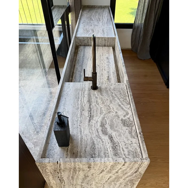 Natural Silver Grey Travertine Sink Bathroom Stone Travertine Sink Vanity