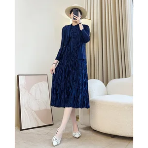 Elegant Miyake Pleated Two-Piece Sleeved Dress + Cardigan Casual Lady Suit Factory Wholesale Women's Sets