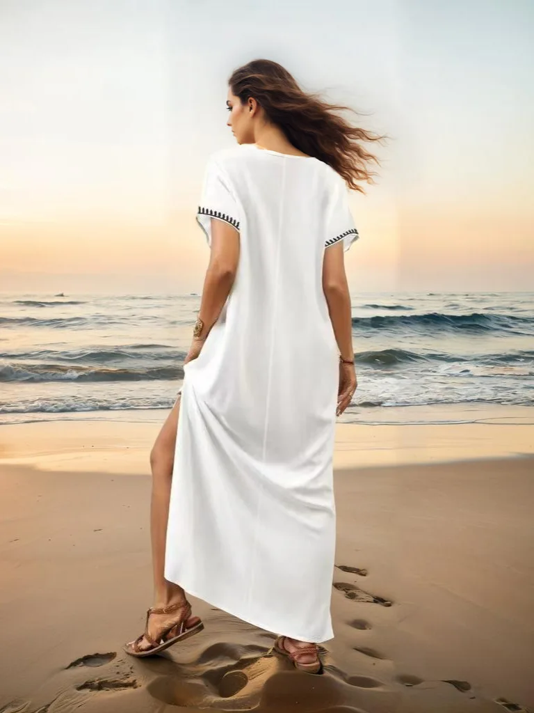 Wholesale Women's Rayon Beach Dress Customizable Boho Embroidered Resort  Cover-Up Vintage Loose-Fitting Maxi Dress