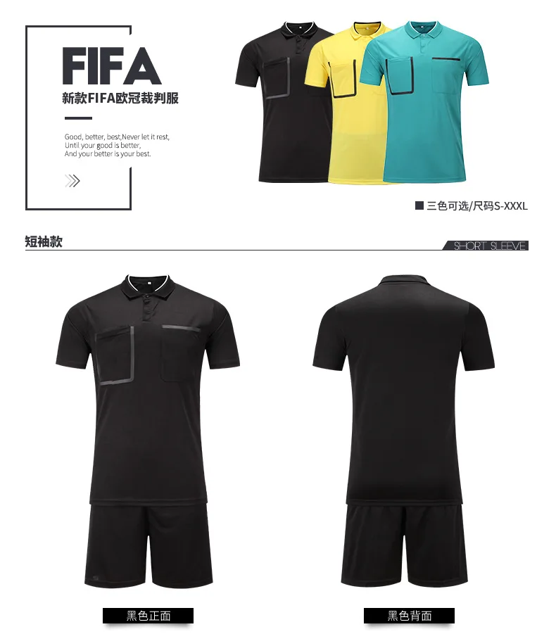Popular Solid Style Soccer Referee Uniform Professional Football Shirts and Shorts Suits Jersey Black Yellow Green