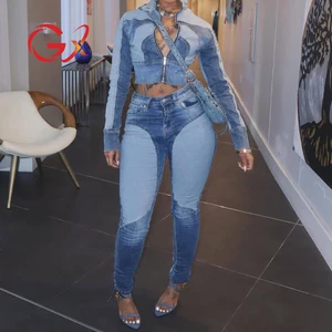 GX8196 Fashion 2026 Autumn Denim Street Wear Women Clothing Vendor Solid Long Sleeve Jacket Top and Jeans Pant 2 Pieces Set