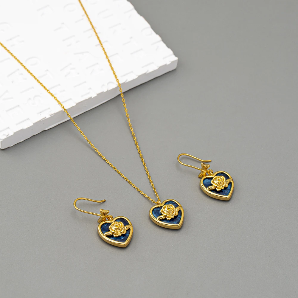 product wholesale customized blue resin heart bow pendant rose flower drop earring necklace set new style fashion jewelry for wedding-4