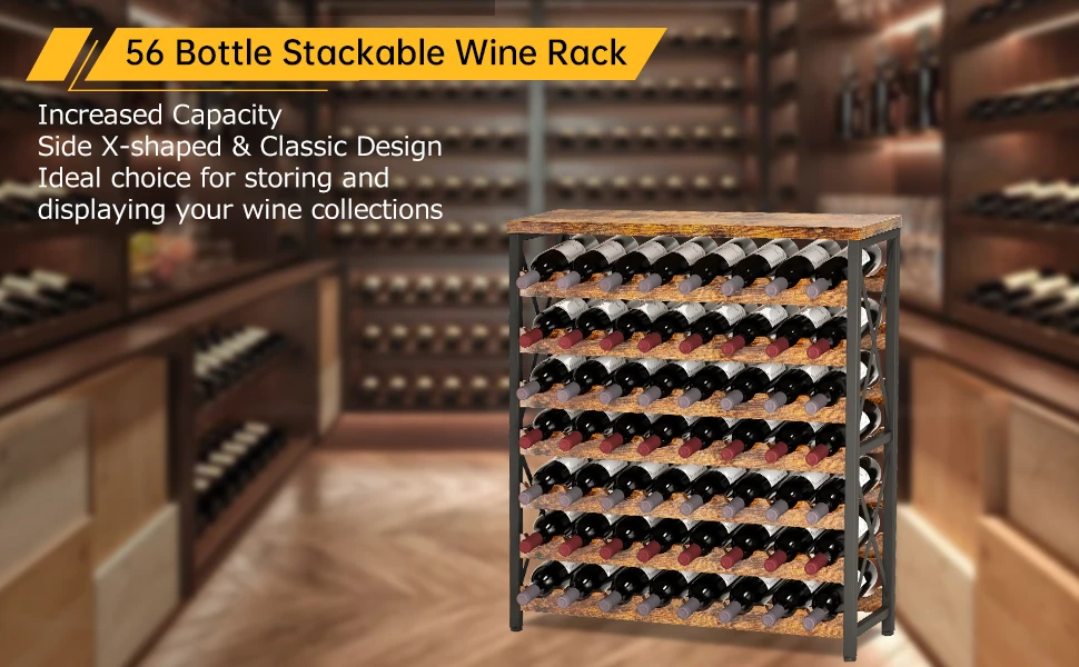 product 56 bottle wine rack freestanding floor wooden wine storage shelf stackable wine rack with tabletop for living roomkitchen-3