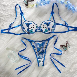 2026 Europe and America's Hot-Selling Sexy Lingerie: Butterfly Embroidered Pure Desire Lace-Up Underwire Push-Up Bra Set